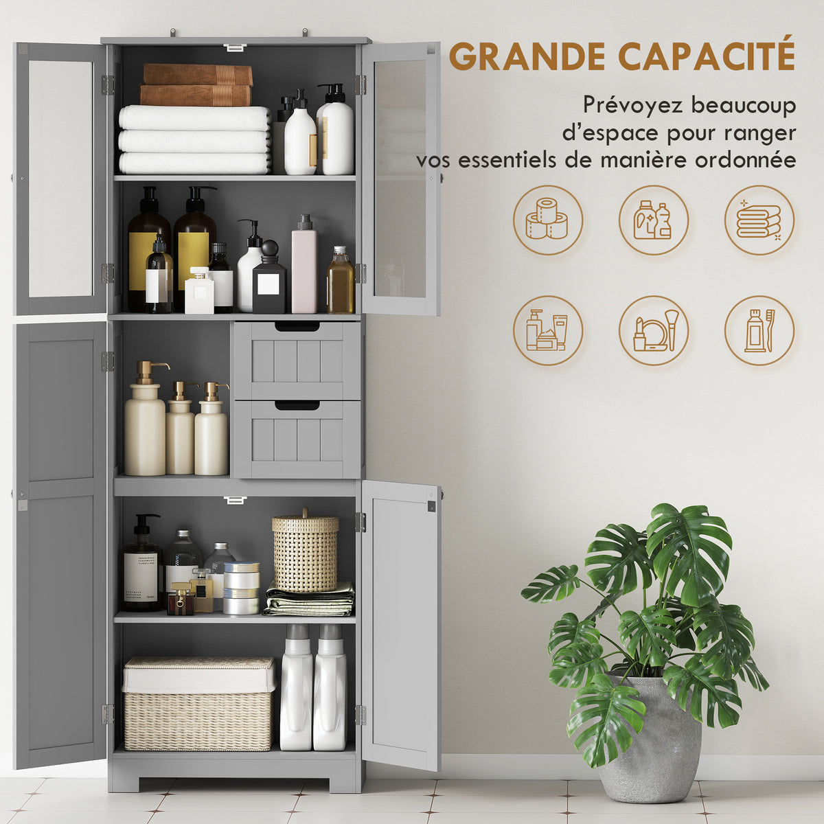 Meuble de salle de bain haut, meuble de rangement avec 4 portes dont 2 vitrées, 2 tiroirs et étagères réglables, gris Aosom