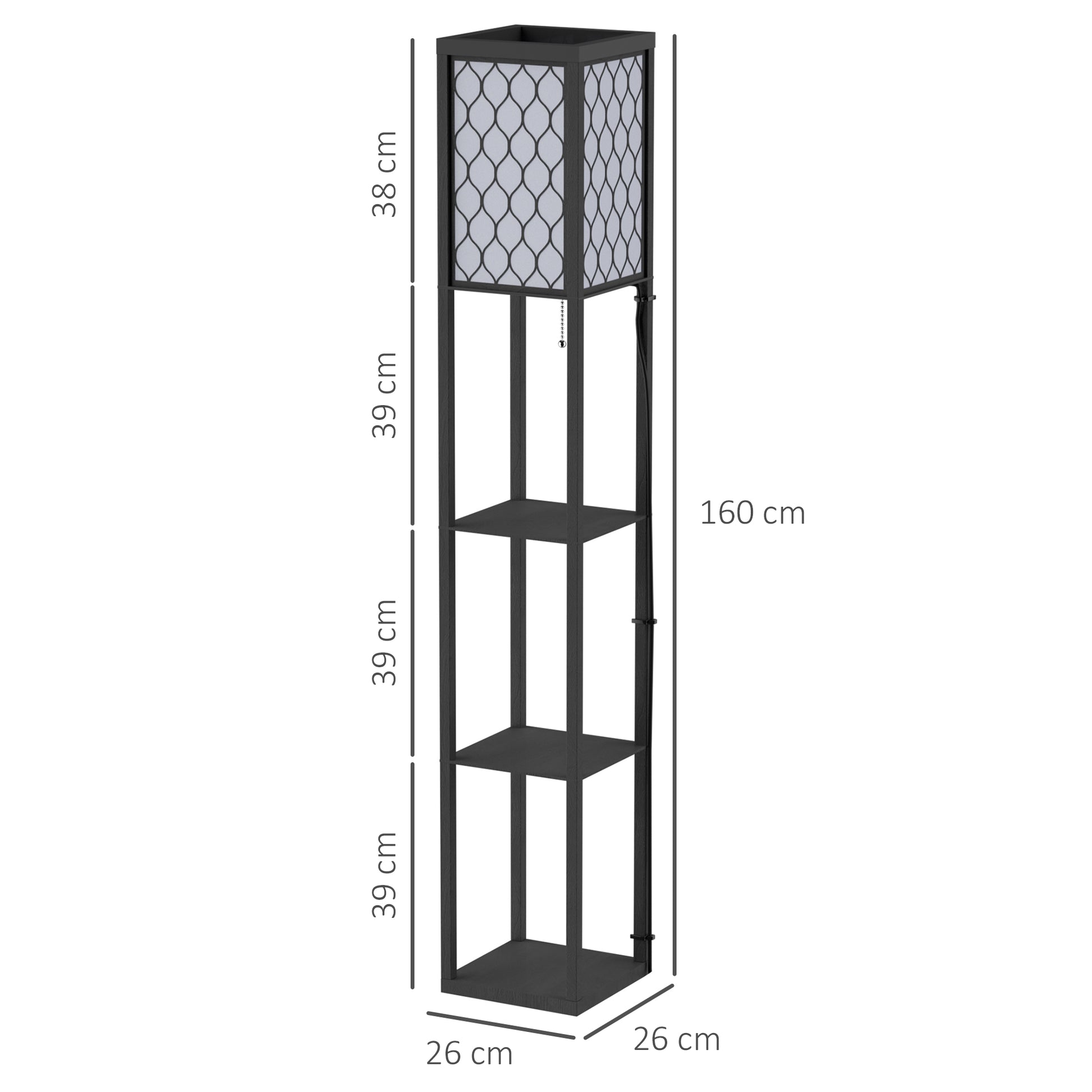 Lampadaire étagère Lampe étagère 26L x 26l x 160H cm 4 Niveaux MDF Noir Motif nid d'abeille