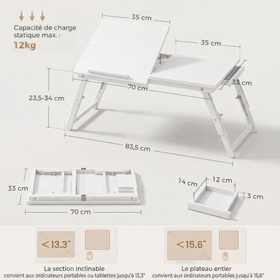 Table de lit pliable et réglable, plateau de lit pour ordinateur portable en bambou plateau inclinable 83,5x33x34cm blanc