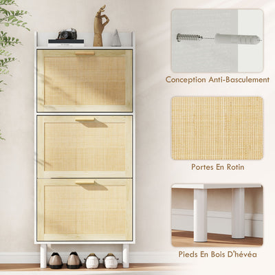 Meuble à chaussures 3 portes abattants étagère effet résine tressée design bohème 65 x 24,5 x 153 cm blanc