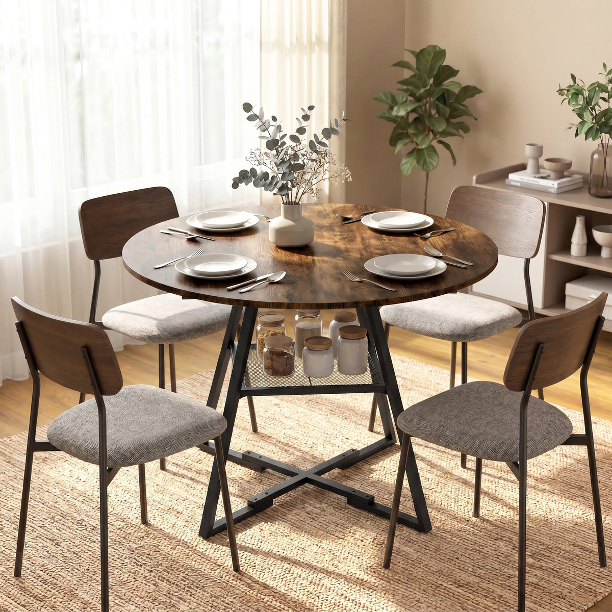 Table à manger ronde pour 4 personnes, Ø 100 x 76 cm, table de cuisine avec large plateau et étagère, brun rustique