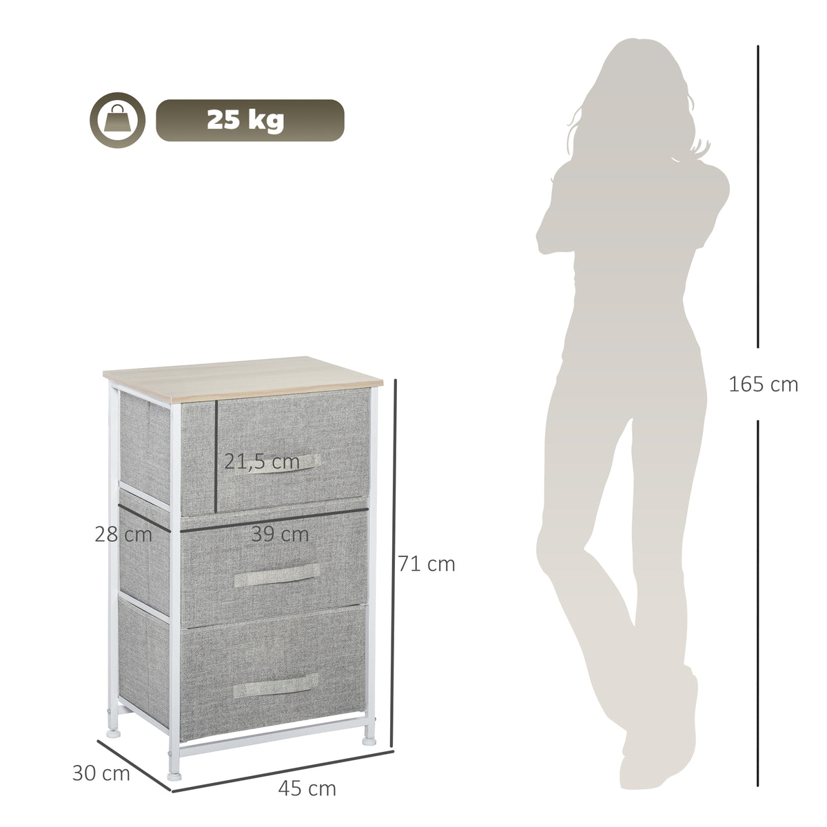 Meuble de rangement chiffonnier moderne 3 tiroirs en tissu, cadre en acier et MDF, 45 x 30 x 71 cm, gris