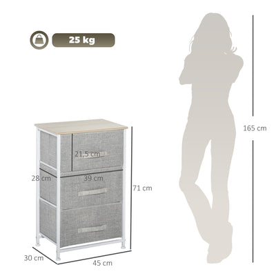Meuble de rangement chiffonnier moderne 3 tiroirs en tissu, cadre en acier et MDF, 45 x 30 x 71 cm, gris