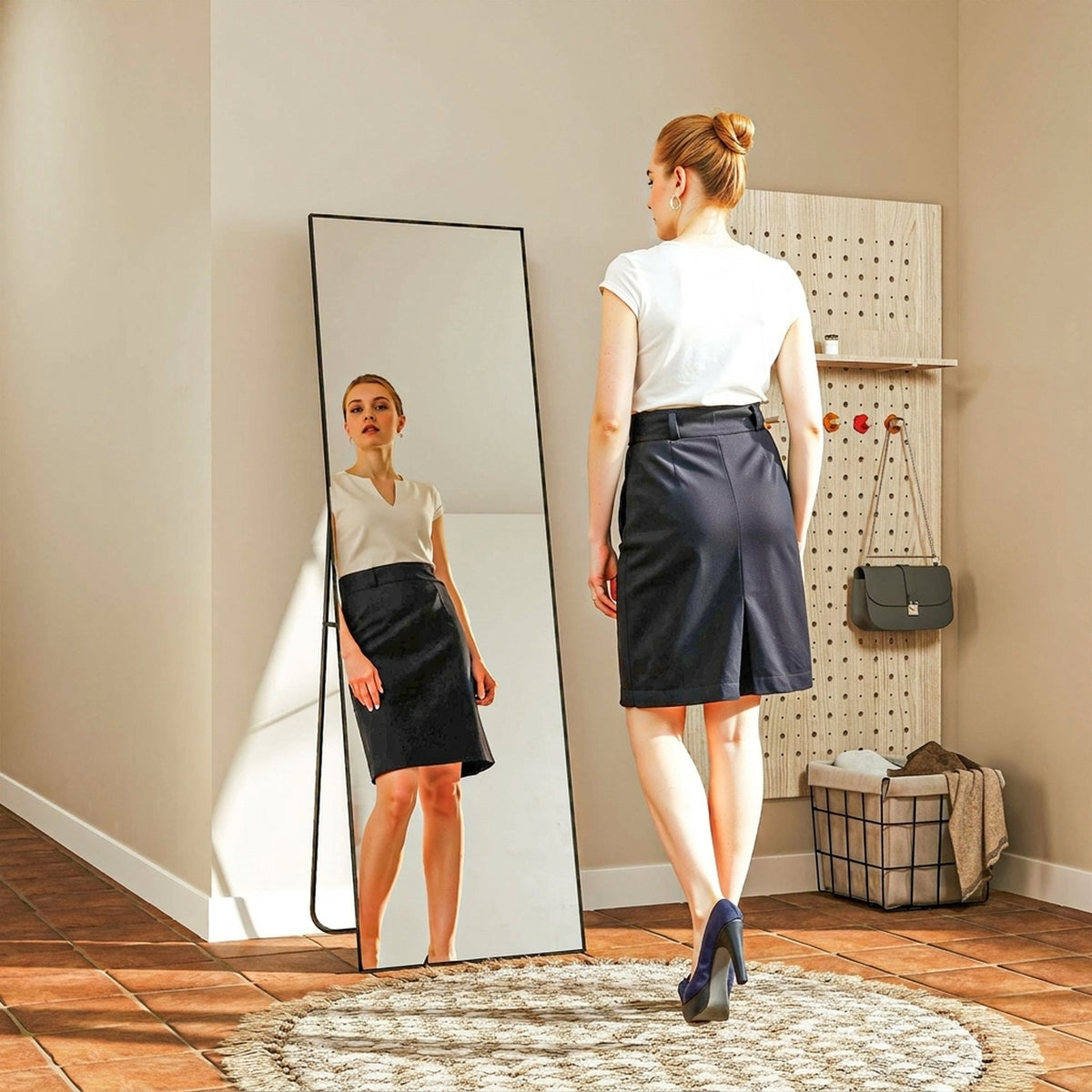 Grand miroir pleine longueur rectangulaire, 50 x 160 cm, miroir sur pied, mural ou pocé contre mur, noir