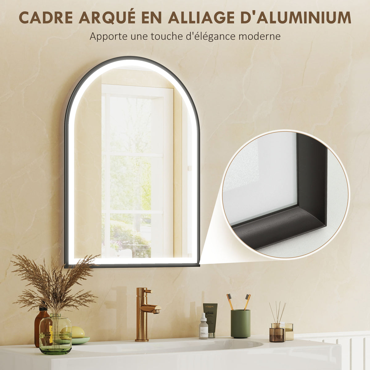 Miroir salle de bain avec éclairage 50 x 70 cm, miroir LED arqué, anti-buée, 3 couleurs lumière, dimmable, mémoire, noir