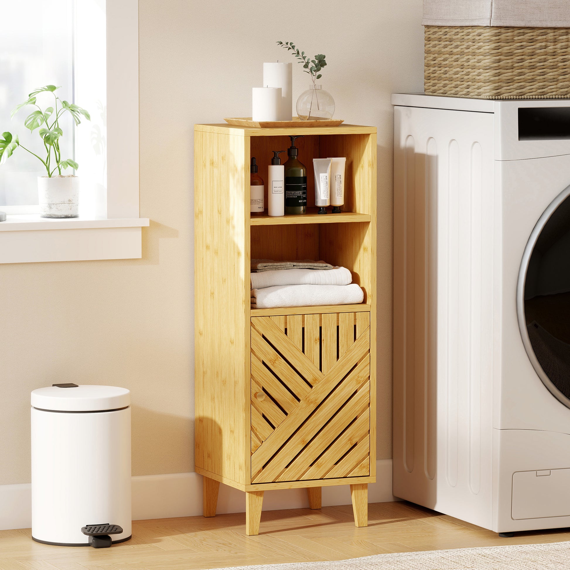 Meuble de salle de bain, meuble de rangement avec 1 placard, 2 compartiment ouvert, 32 x 30 x 90 cm, effet bois naturel