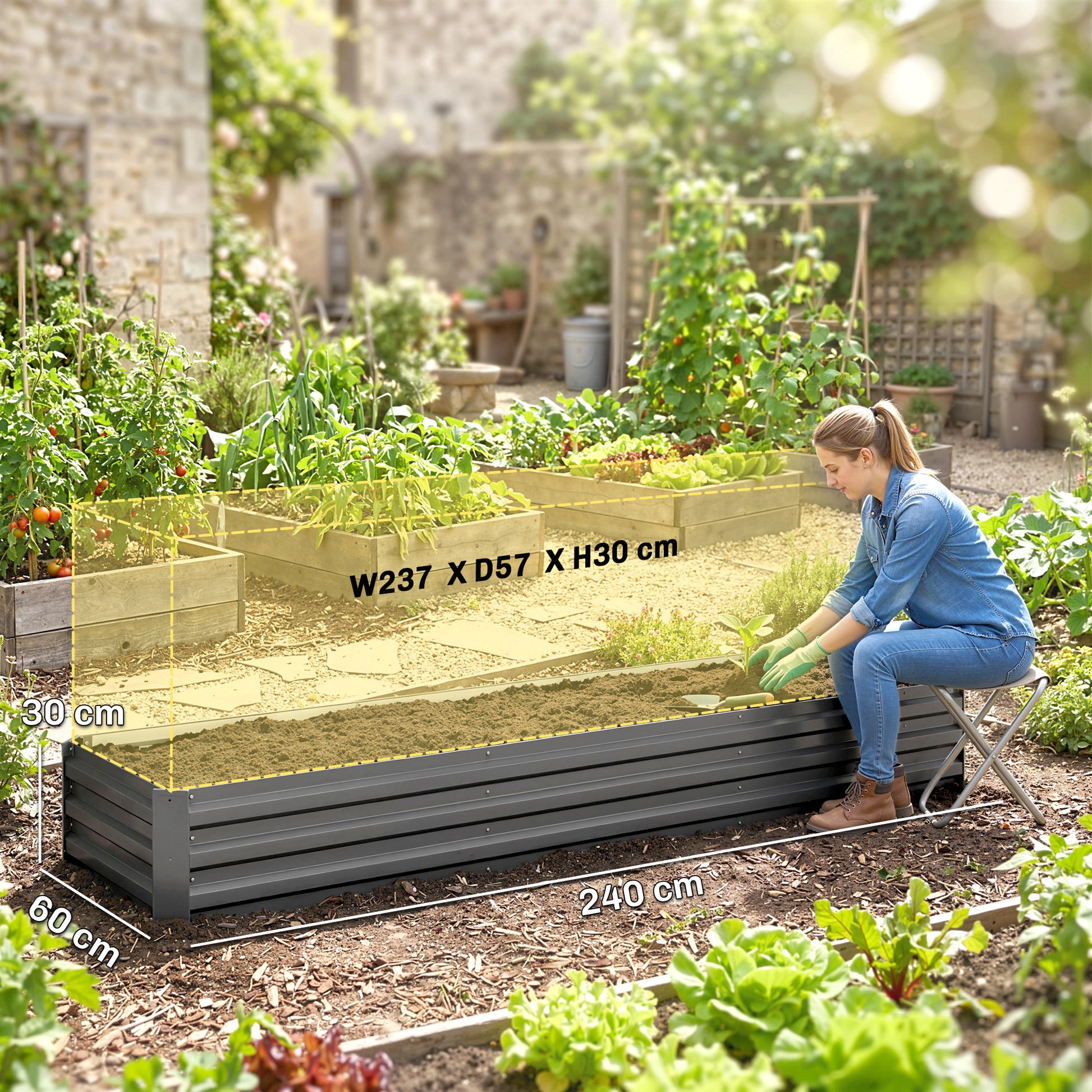 Carré potager rectangulaire, lit de jardin surélevé en acier galvanisé, fond ouvert, 240 x 60 x 30 cm, gris foncé