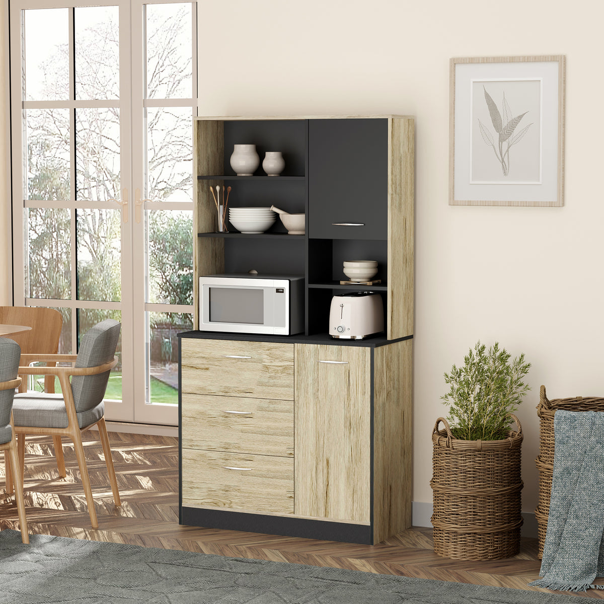 Buffet de cuisine armoire de cuisine multi-rangements 2 portes 3 tiroirs 3 étagères + grand plateau 90L x 39l x