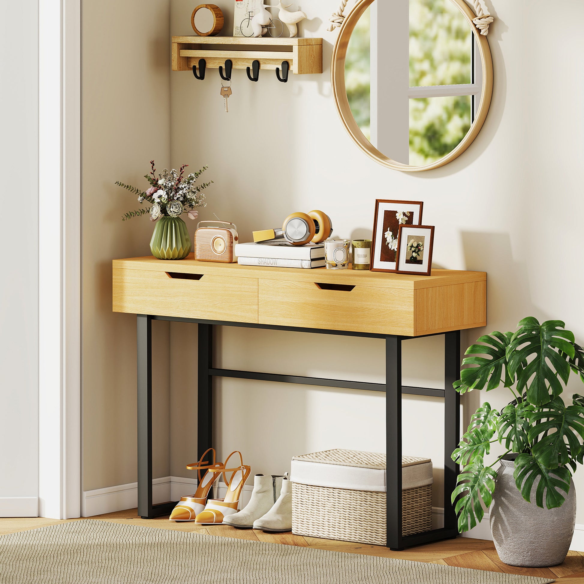 Console meuble 110 cm, table console étroite avec 2 tiroirs, cadre en métal et design sans poignées, bois naturel