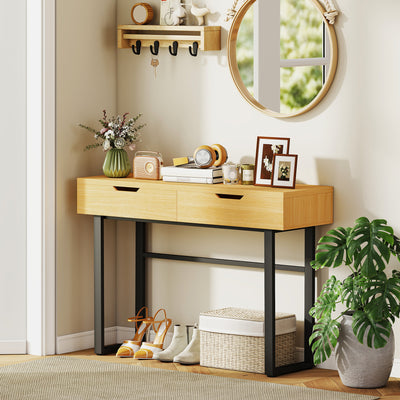 Console meuble 110 cm, table console étroite avec 2 tiroirs, cadre en métal et design sans poignées, bois naturel