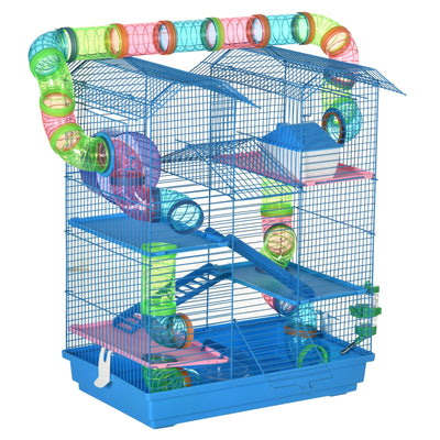 Cage pour Hamster Souris Petit Animaux Rongeur avec Tunnel Mangeoire Roue Jouet 47 x 30 x 59 cm Bleu