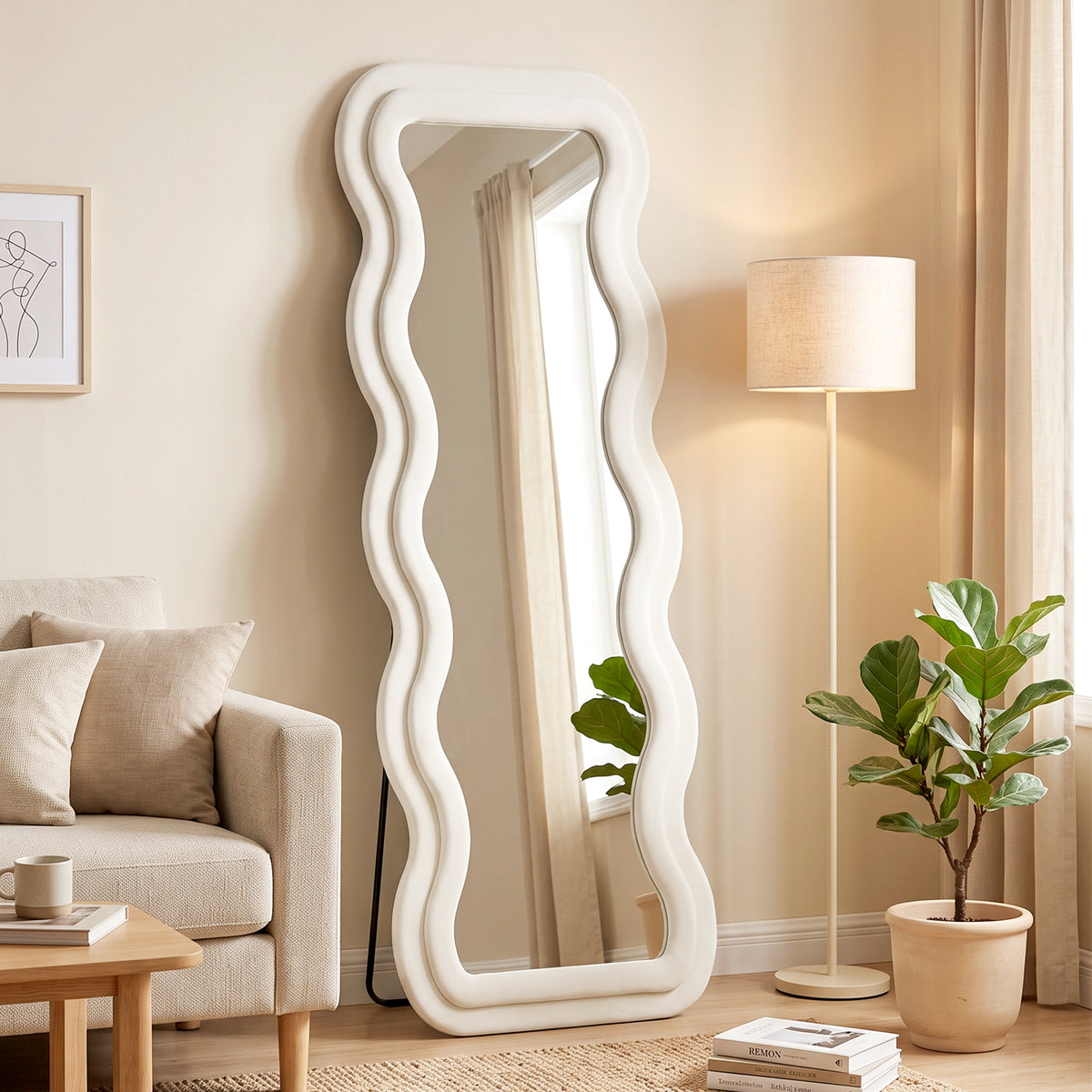 Miroir Pleine Longueur 160 x 60 cm, Miroir Ondulé sur Pied ou Mural, Cadre Effet Velours et Verre Trempé, Crème