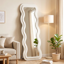 Miroir Pleine Longueur 160 x 60 cm, Miroir Ondulé sur Pied ou Mural, Cadre Effet Velours et Verre Trempé, Crème