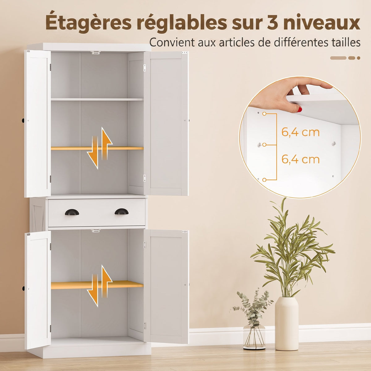 Buffet Haut Cuisine, Armoire de Cuisine avec 4 Portes, Tiroir et Étagères Réglables, Style Rustique, 62x38x173cm, Blanc
