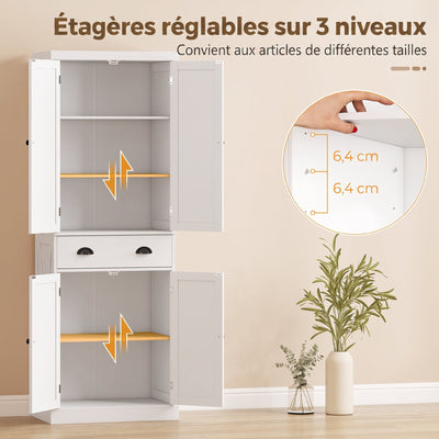 Buffet Haut Cuisine, Armoire de Cuisine avec 4 Portes, Tiroir et Étagères Réglables, Style Rustique, 62x38x173cm, Blanc