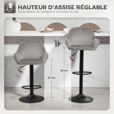 Lot de 2 tabourets de bar, chaises de bar en velours avec dossier, repose-pieds, hauteur réglable et pivotante gris