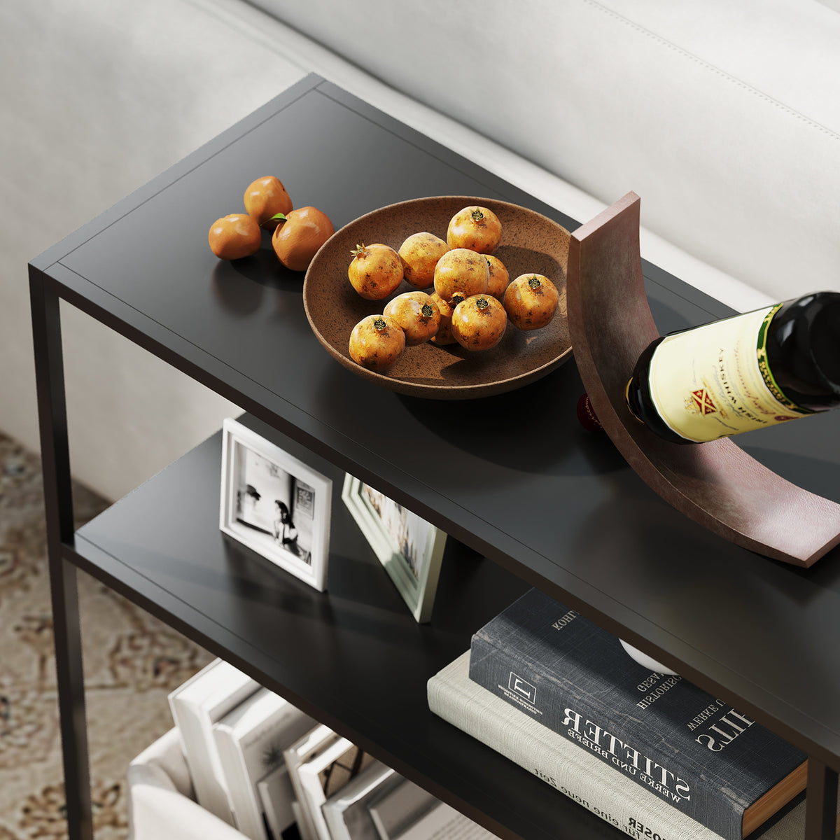 Console meuble étroite à 4 niveaux style industriel cadre en acier, 110 x 30 x 75 cm, noir