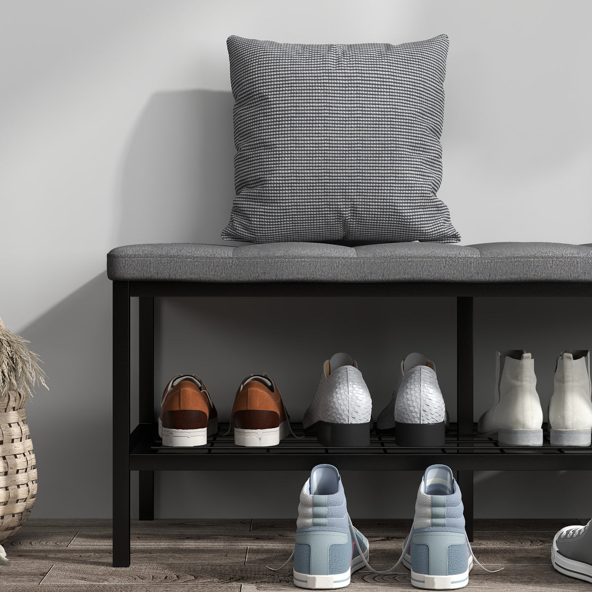 Banc à chaussures avec coussin rembourré et étagère de rangement, banc d'entrée pour couloir, chambre, 90x41x40cm, gris