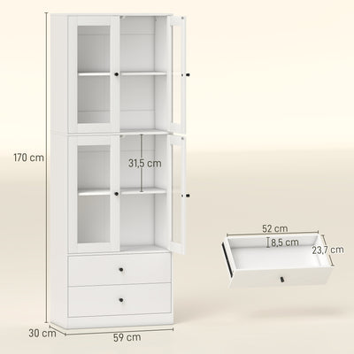 Buffet haut cuisine, armoire de cuisine avec portes vitrées, tiroirs et étagères réglables, 59x30x170cm, blanc brillant