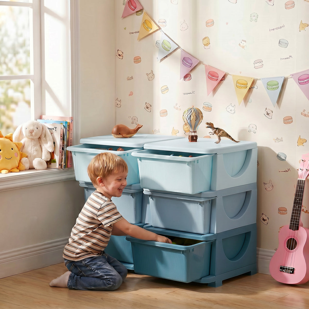 Organisateur de jouets pour enfants à 3 niveaux avec 6 tiroirs, boîtes de rangement en plastique, 75x37x56,5cm, bleu