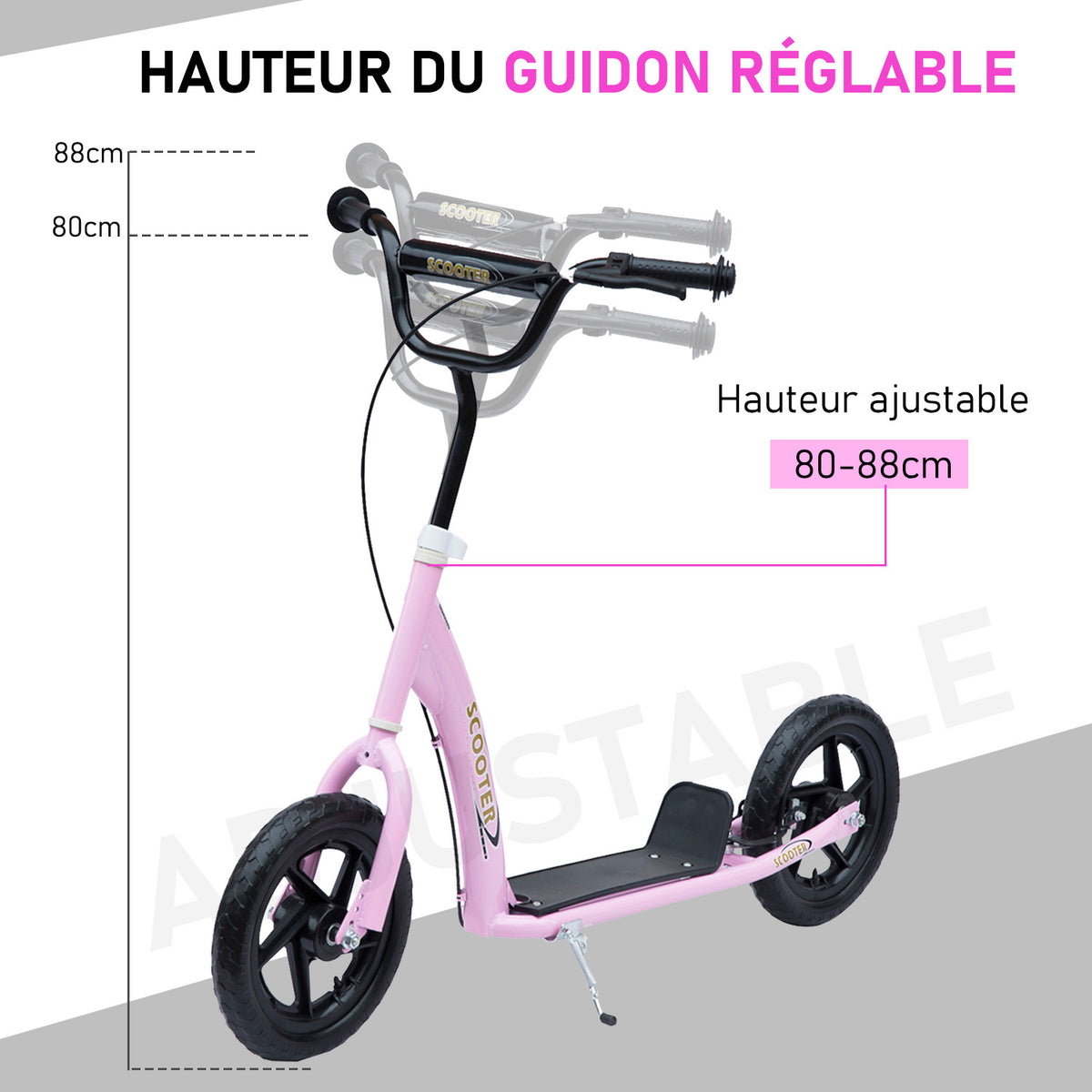 Trottinette enfant patinette pneus 30 cm Hauteur Guidon réglable poignée Frein et béquille Acier pour enfants à partir de 5 ans Rose