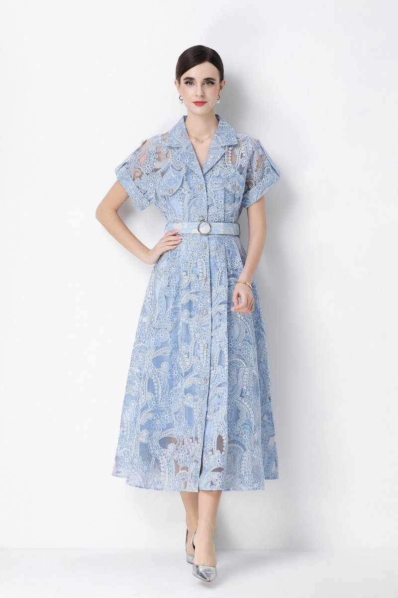 Paisley Cutwork Lace Notched-Collar Shirt Midi Dress with Chest Pockets