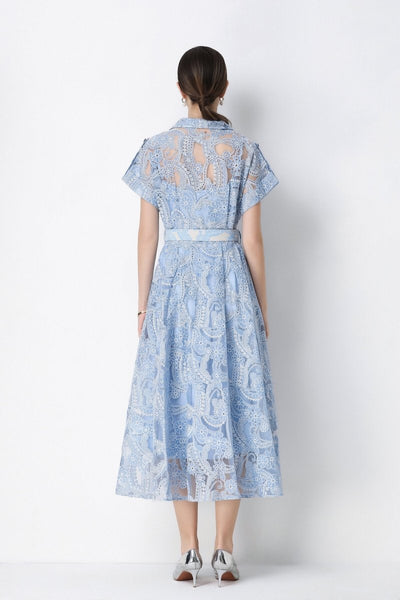 Paisley Cutwork Lace Notched-Collar Shirt Midi Dress with Chest Pockets