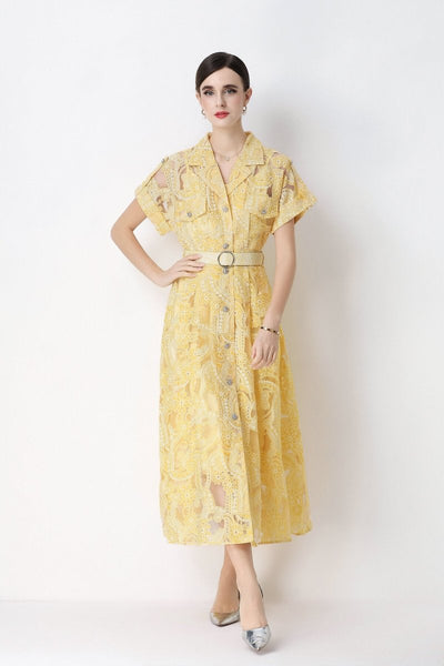 Paisley Cutwork Lace Notched-Collar Shirt Midi Dress with Chest Pockets
