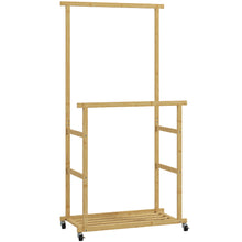 Portant à vêtements à roulettes, porte-manteau double barre en bambou avec étagère inférieure, 80x40x160cm, bois naturel