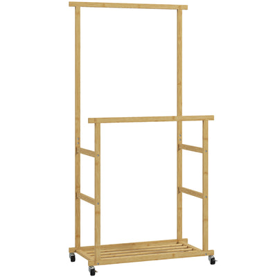 Portant à vêtements à roulettes, porte-manteau double barre en bambou avec étagère inférieure, 80x40x160cm, bois naturel