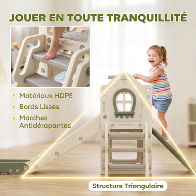 Toboggan pour Enfant Pliable 5-en-1 avec Escalade, Panier de Basket, Espace de Rangement et Ballon, Crème