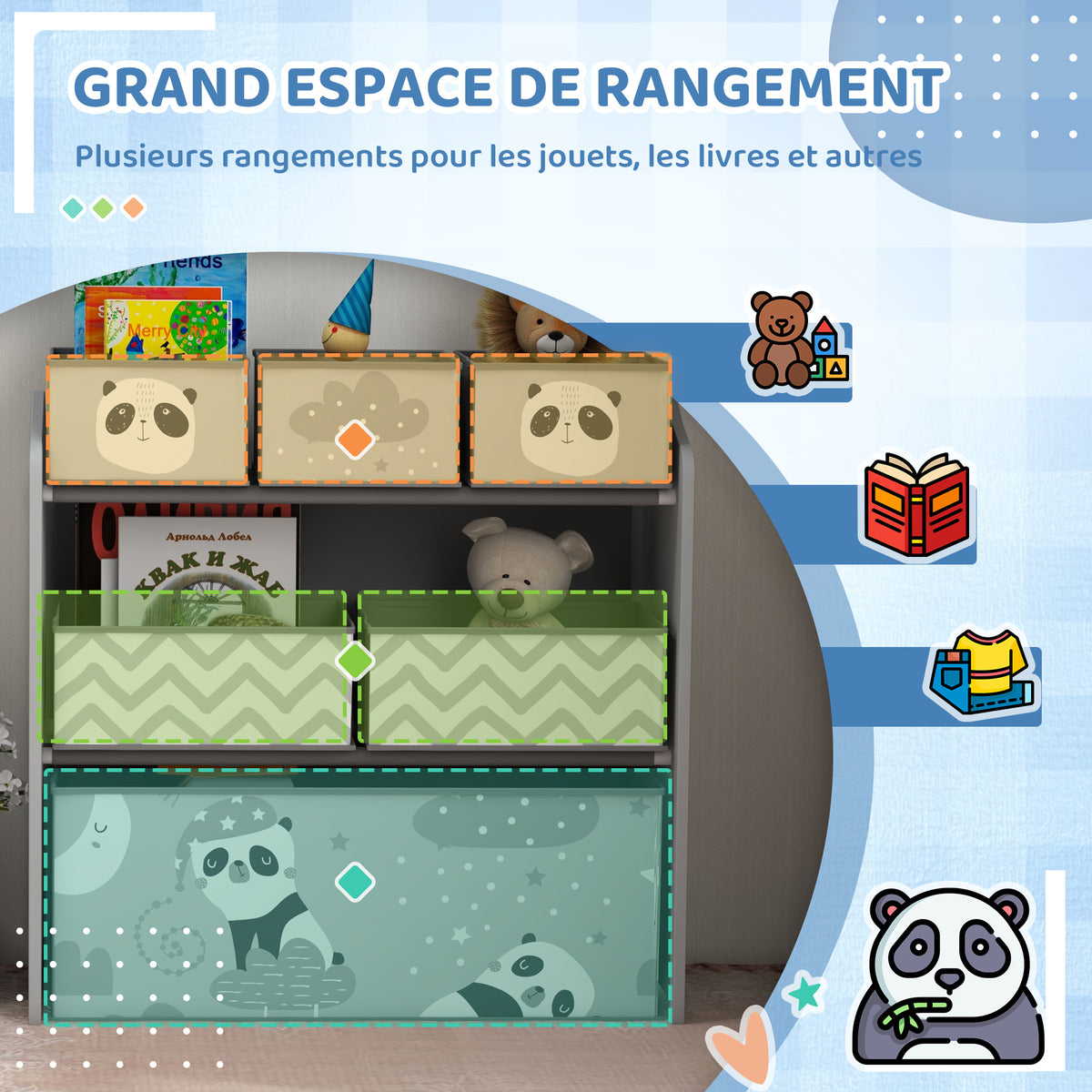 Meuble rangement enfant rangement jouet enfant 6 boîtes amovibles en tissu non tissé 63 x 30 x 66 cm gris
