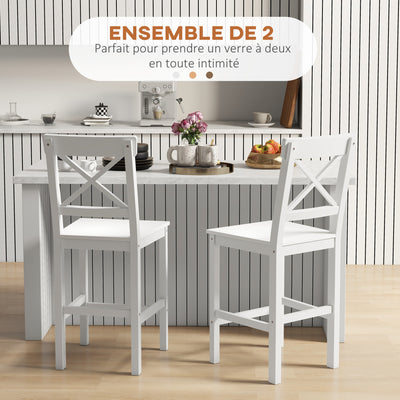 Lot de 2 chaises hautes, chaises de bar style campagne chic en bois hauteur 60 cm avec repose-pieds, blanc