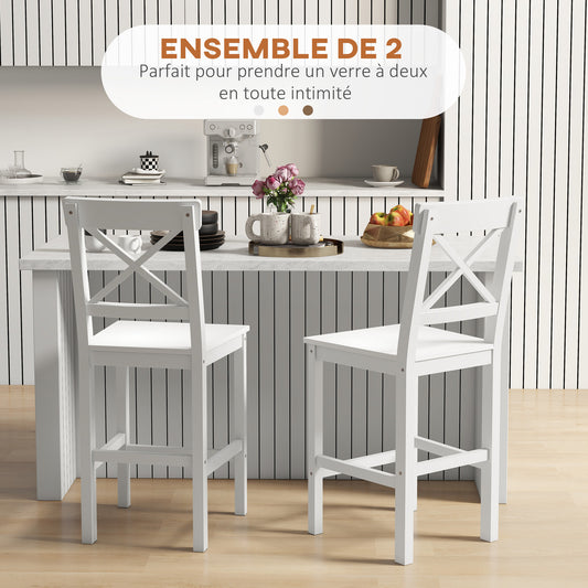 Lot de 2 chaises hautes, chaises de bar style campagne chic en bois hauteur 60 cm avec repose-pieds, blanc