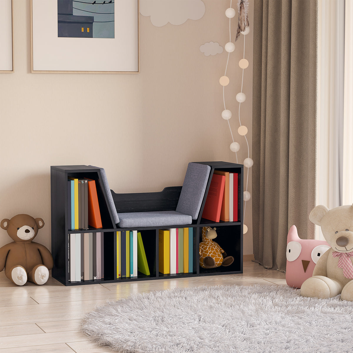 Bibliothèque banc 2 en 1 avec coussins de siège, étagère cube 6 compartiments ouverts et 2 niveaux, meuble de rangement pour salon, chambre à coucher, bureau, 102 x 30 x 61 cm, noir