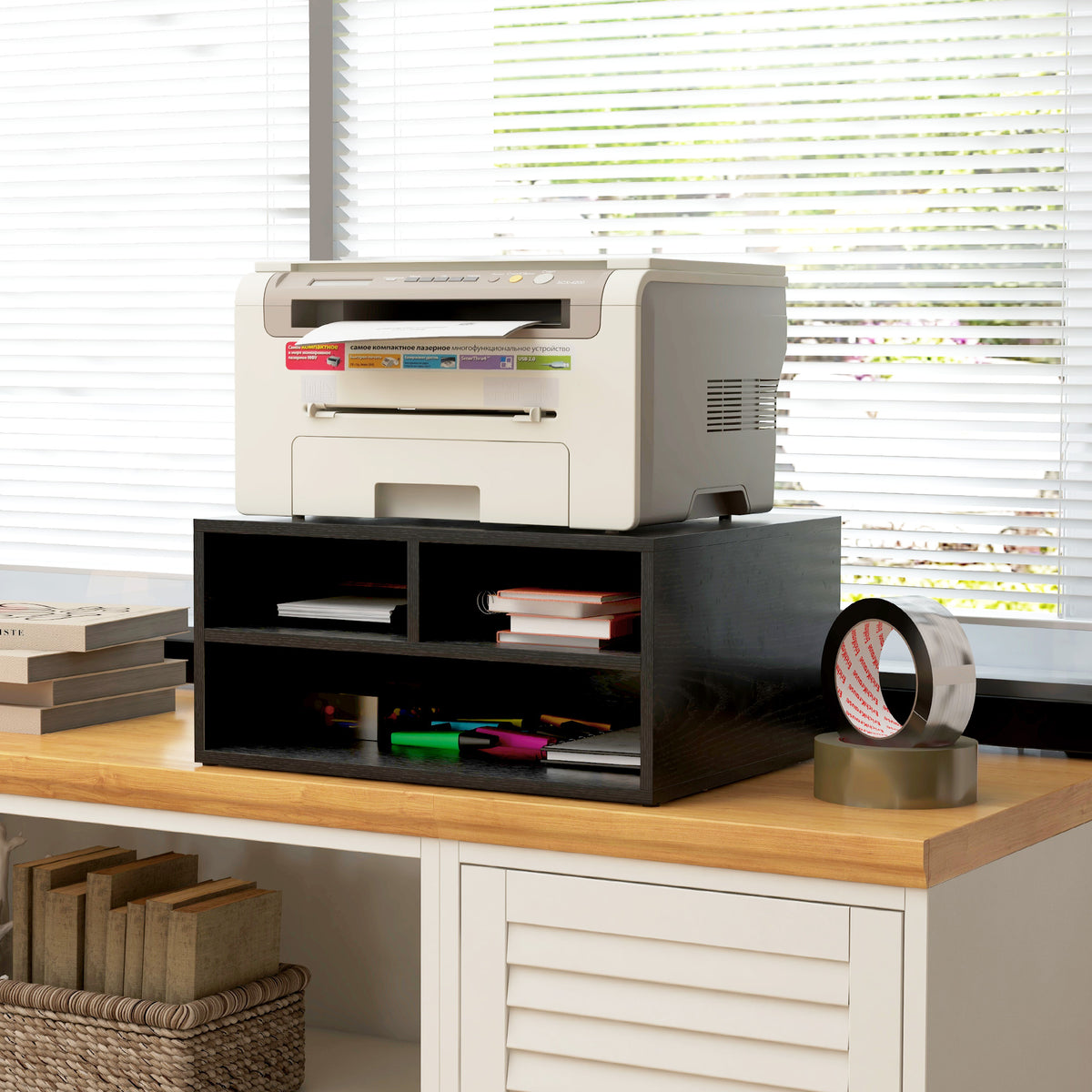 Organiseur bureau aspect noir avec 3 compartiments fournitures support d'imprimante 47 x 40 x 22,5 cm
