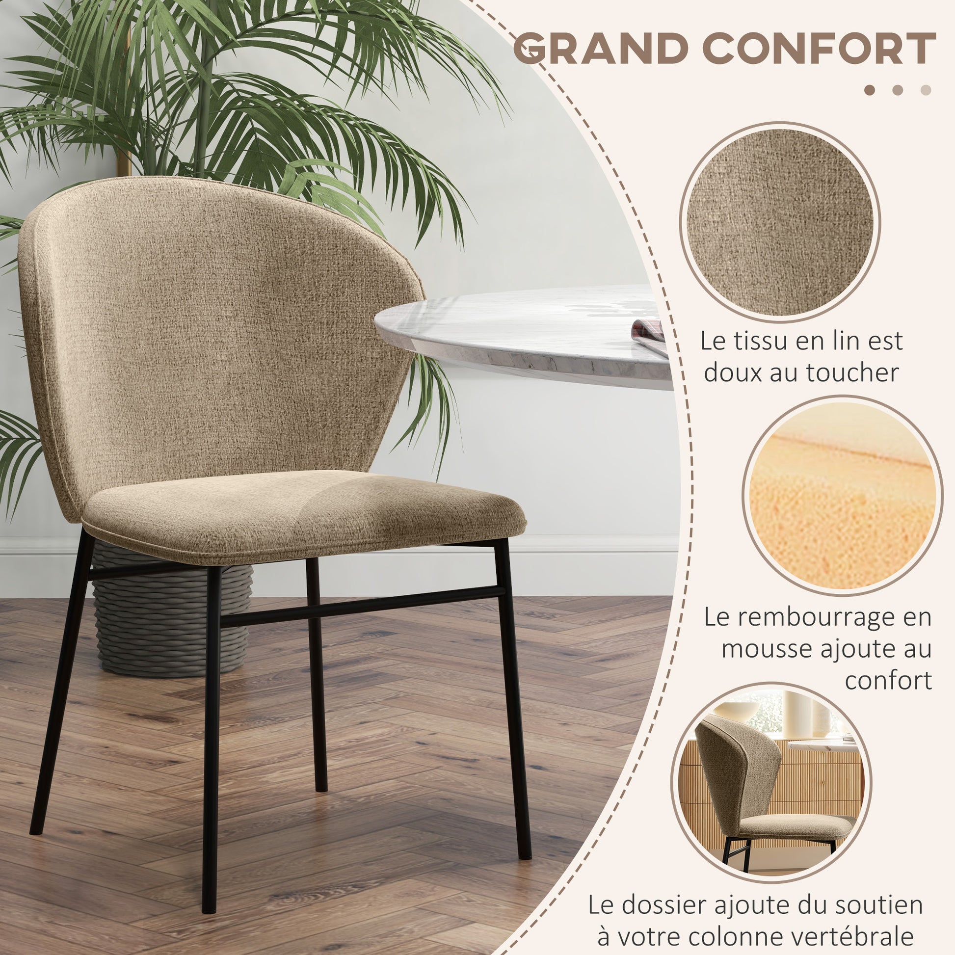 Lot de 2 chaises de salle à manger assise rembourrée en tissu aspect lin pieds en acier stable design moderne marron clair