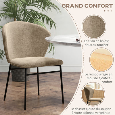 Lot de 2 chaises de salle à manger assise rembourrée en tissu aspect lin pieds en acier stable design moderne marron clair