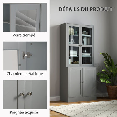 Bibliothèque vitrine, meuble de rangement à 6 niveaux avec 4 portes dont 2 en verre trempé, étagères réglables, gris
