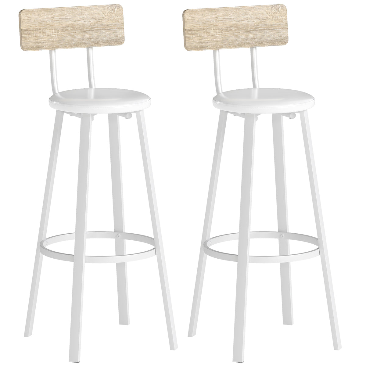 Lot de 2 tabourets de bar, chaises de bar, assise rembourrée 75,5H cm, dossier et repose-pieds, bois naturel et blanc