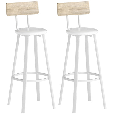 Lot de 2 tabourets de bar, chaises de bar, assise rembourrée 75,5H cm, dossier et repose-pieds, bois naturel et blanc