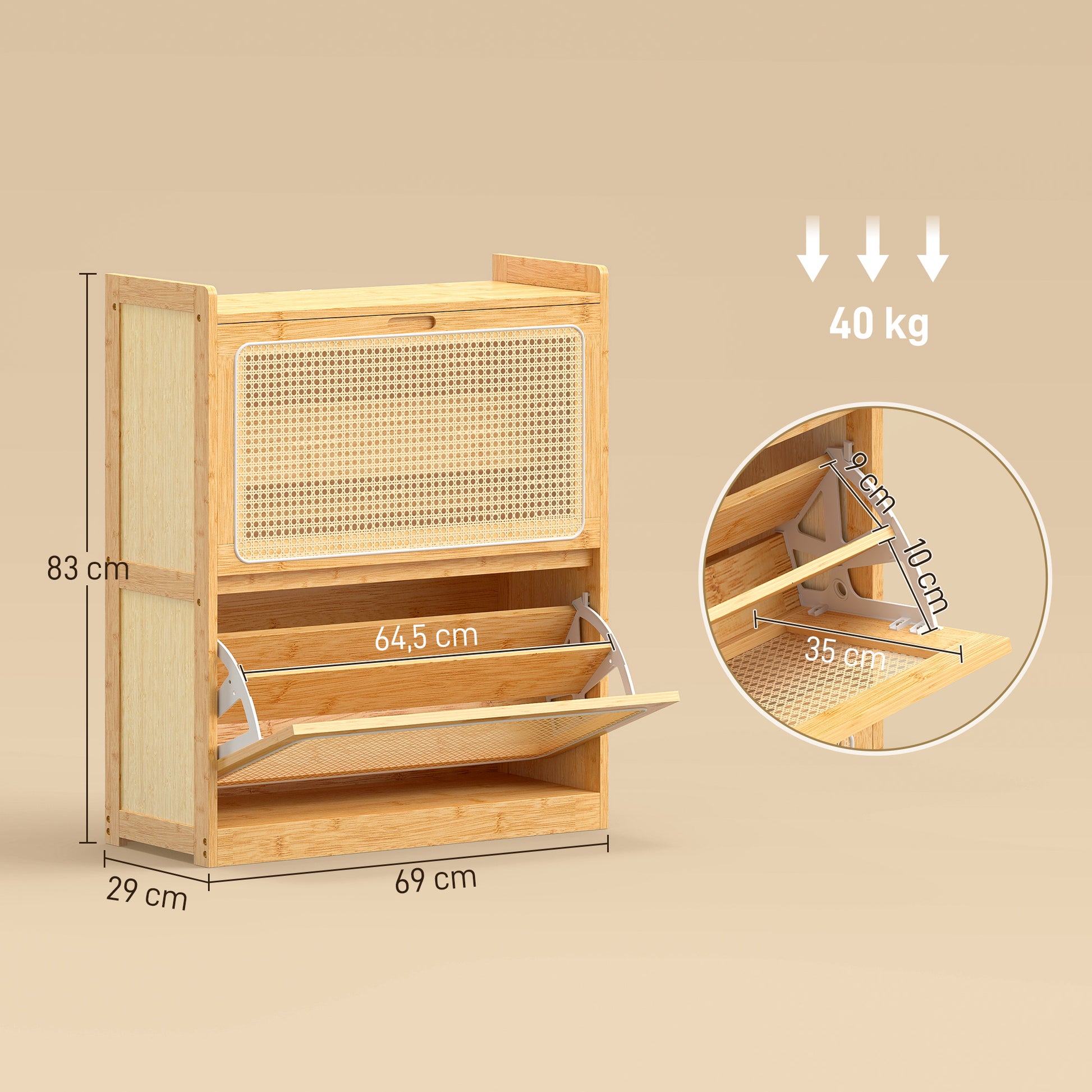 Meuble à chaussures 14 paires, armoire à chaussures 2 tiroirs rabattables, étagères réglables, 69x29x83cm, bois naturel