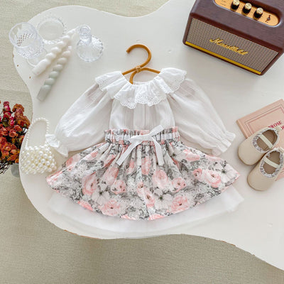 MyKids-USA® Baby Kids Girls Plain Long Sleeves Base Shirt And Floral Skirt Clothing Set
