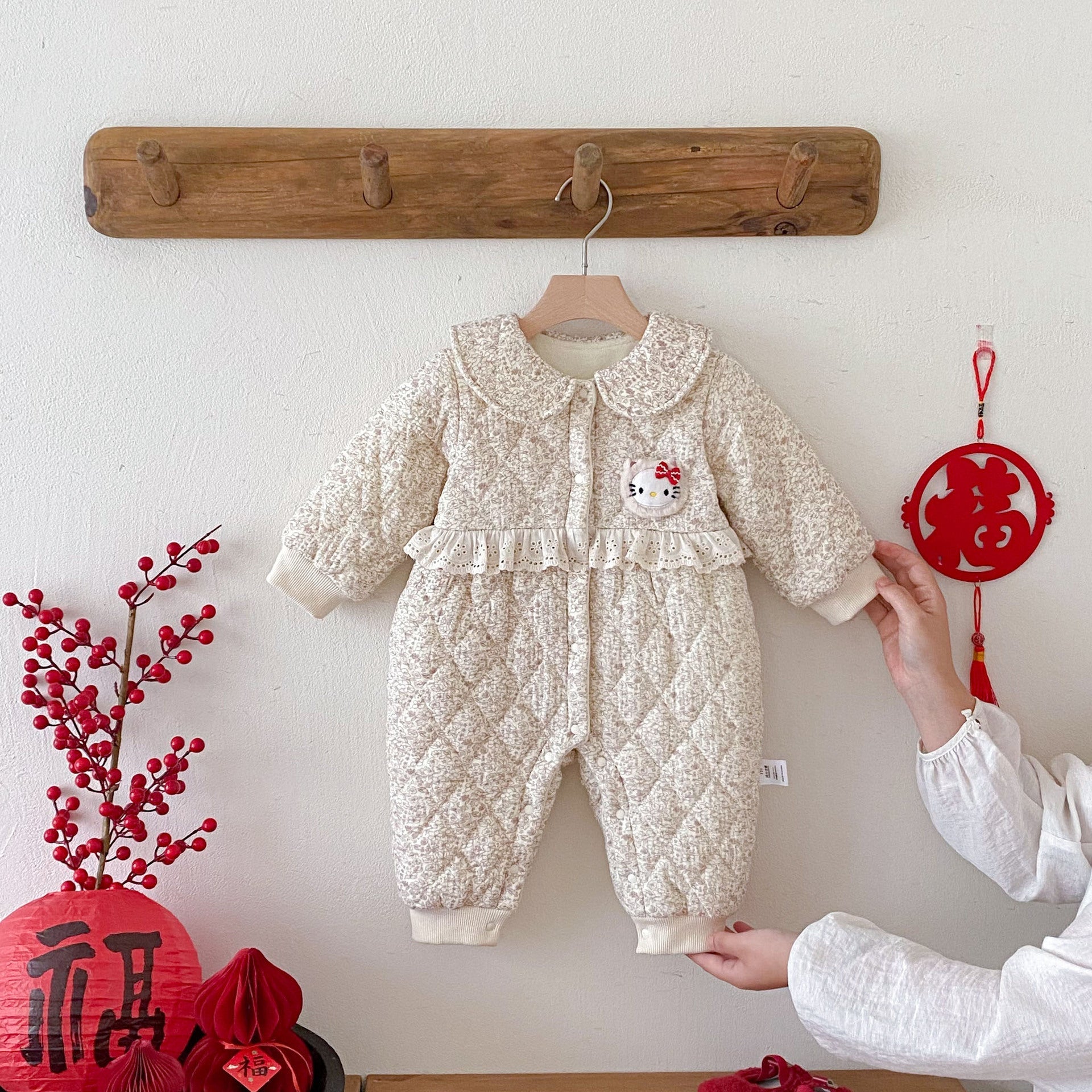 MyKids-USA® Baby Girls Long Sleeves Floral and Argyle Pattern Fleece-line Warm Rompers