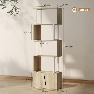 Bibliothèque à 5 niveaux, meuble de rangement avec étagères et placard double porte, 60 x 23,8 x 179,2 cm, bois naturel
