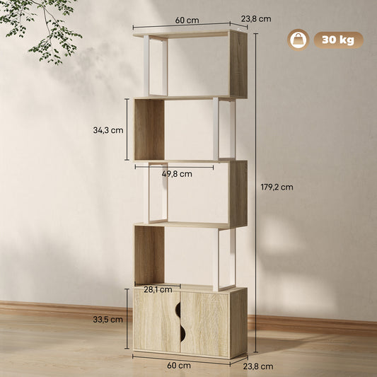 Bibliothèque à 5 niveaux, meuble de rangement avec étagères et placard double porte, 60 x 23,8 x 179,2 cm, bois naturel