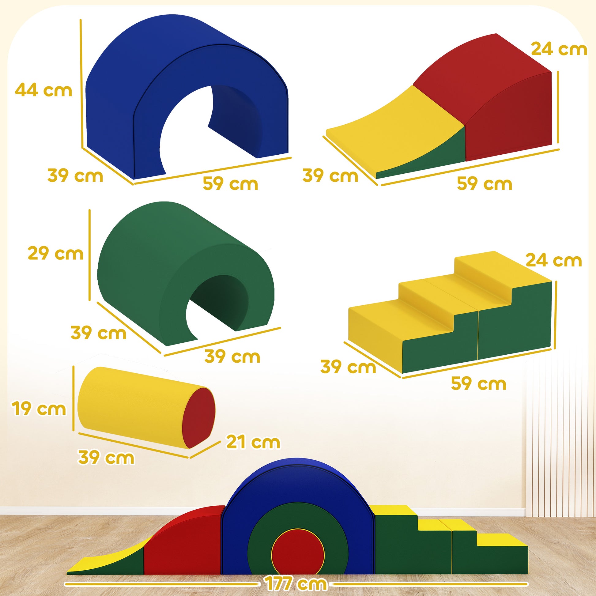 Parcours motricité enfants jouets d'escalade modulable 5 briques géantes en mousse 181 x 39 x 44 cm multicolore