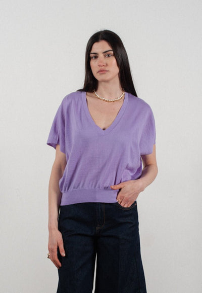 Pull col V à manches chauve souris femme en cachemire & laine ultrafin lavande - KELLY 6