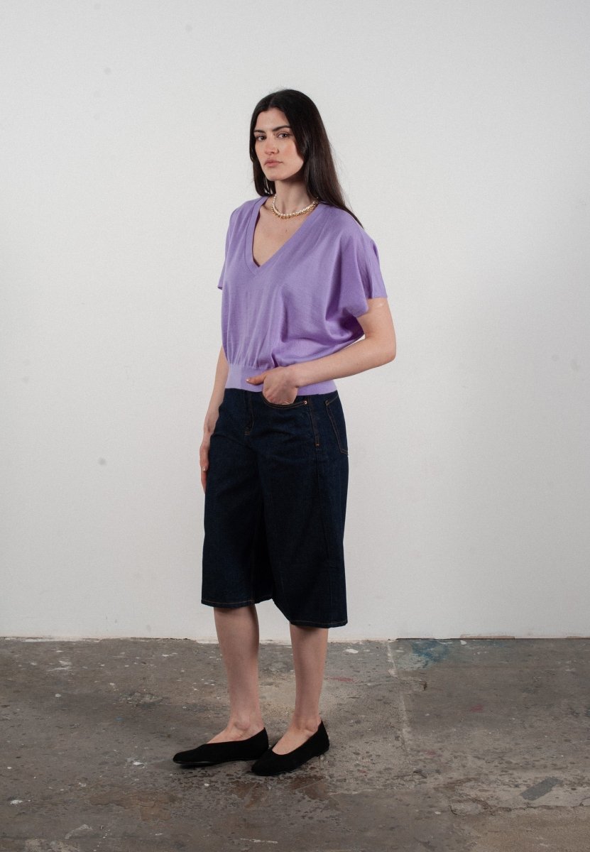 Pull col V à manches chauve souris femme en cachemire & laine ultrafin lavande - KELLY 6