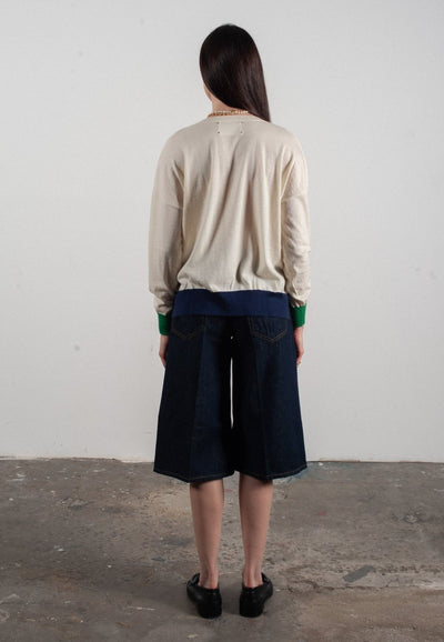 Pull col V femme en cachemire & laine ultrafin blanc & vert & bleu marine - KELLY 10